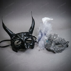 Black Devil Horn Demon Mask & Silver Lace Feather Masquerade Couple Mask Set